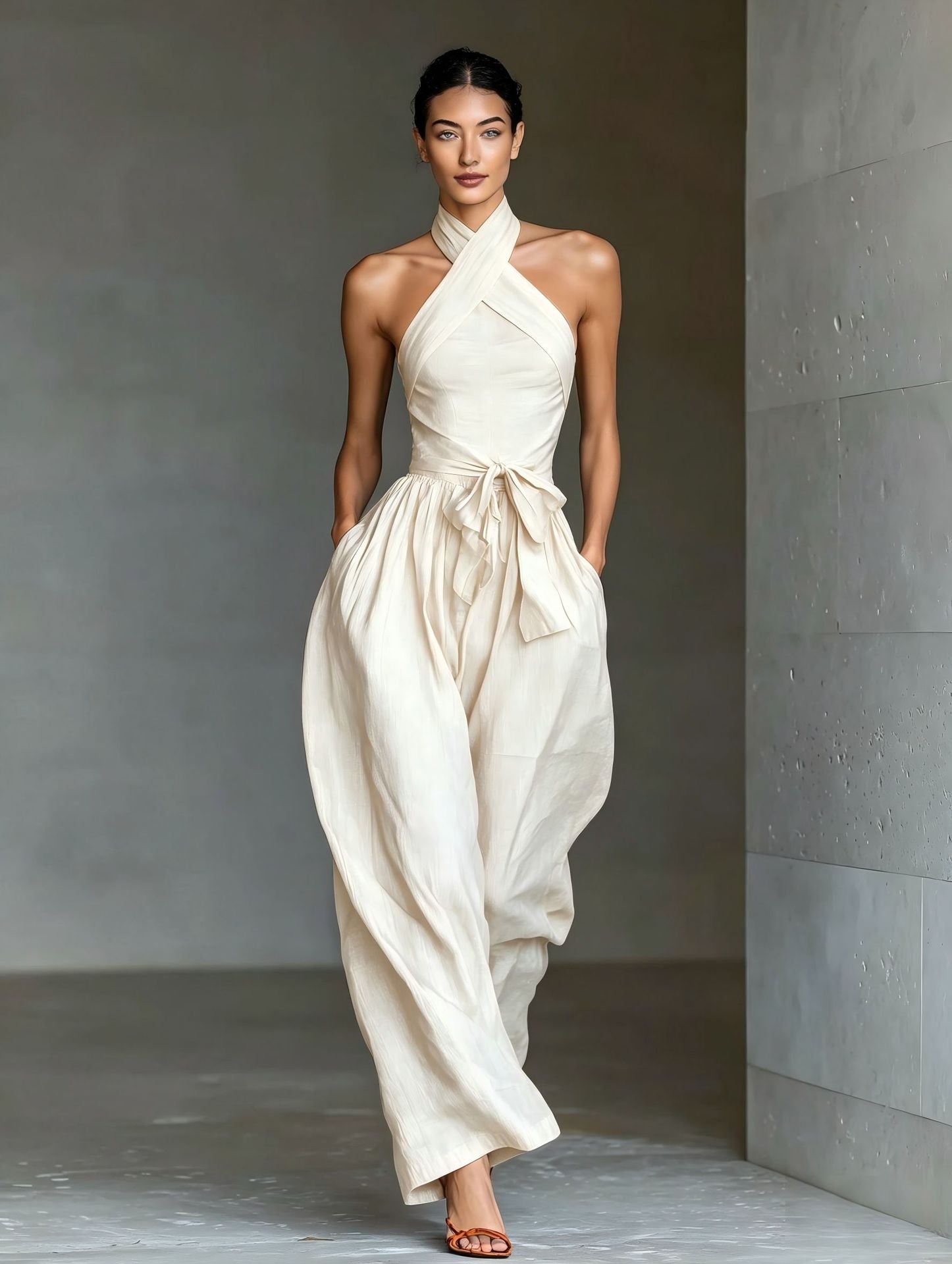 White Halter Neck Wide Leg Jumpsuit