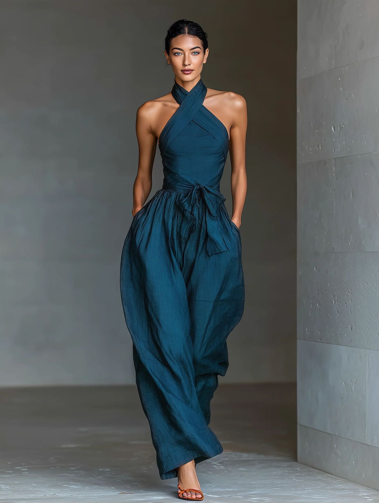 White Halter Neck Wide Leg Jumpsuit
