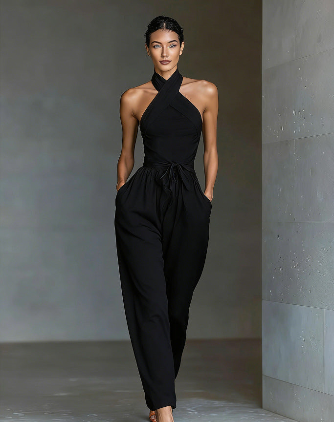 White Halter Neck Wide Leg Jumpsuit