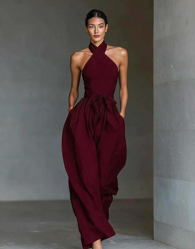 White Halter Neck Wide Leg Jumpsuit