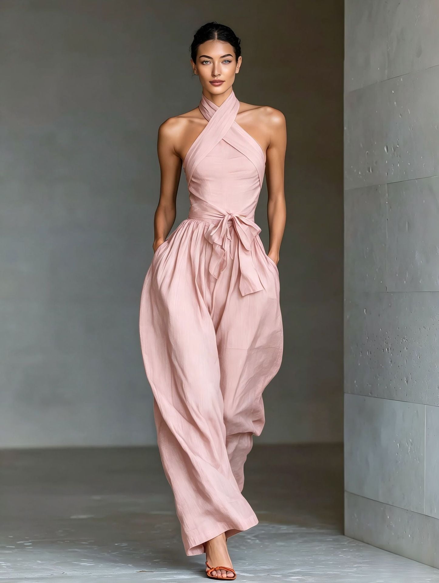 White Halter Neck Wide Leg Jumpsuit